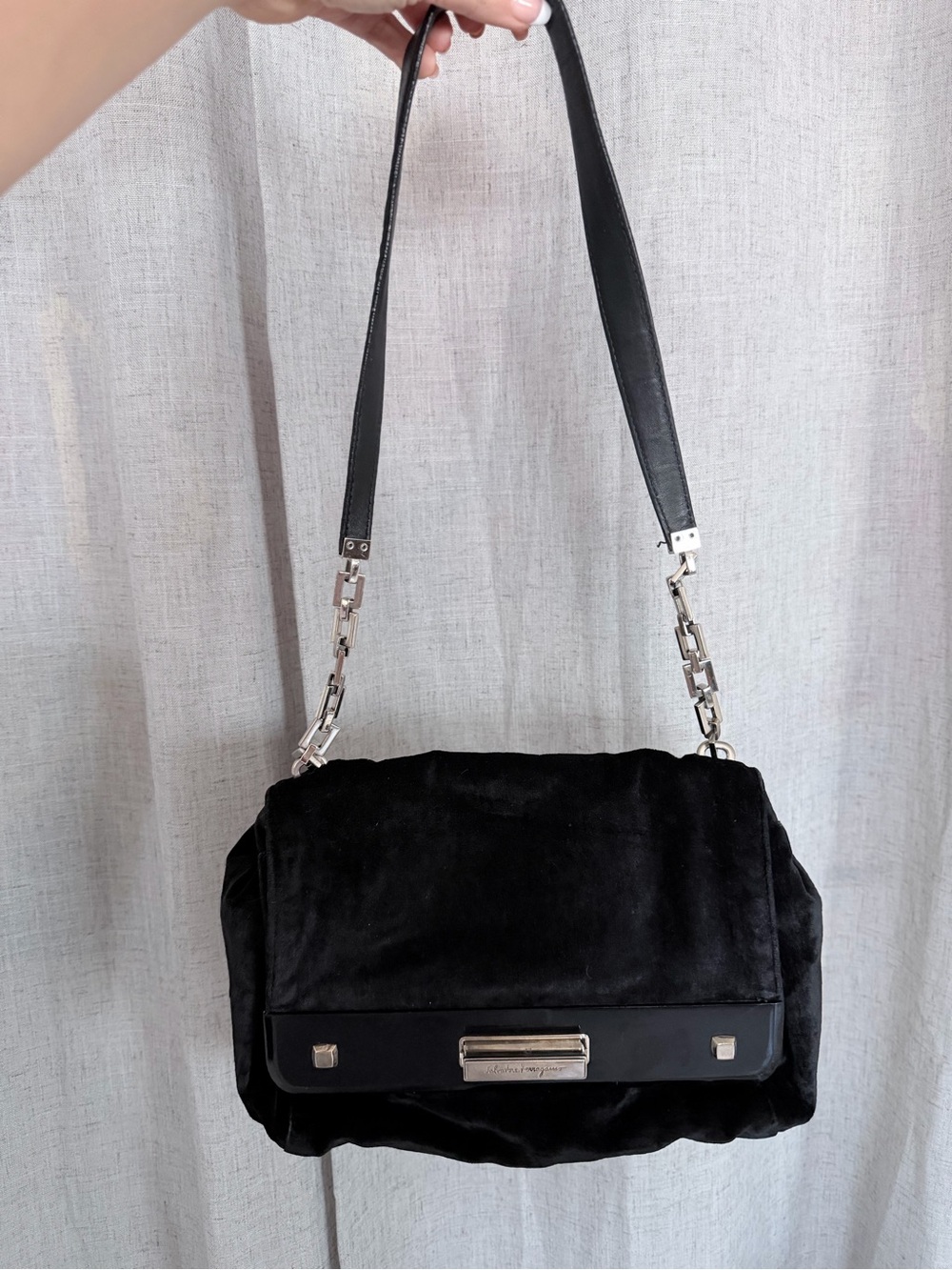 Salvatore Ferragamo Black Suede Shoulder Bag with Silver Hardware vintage